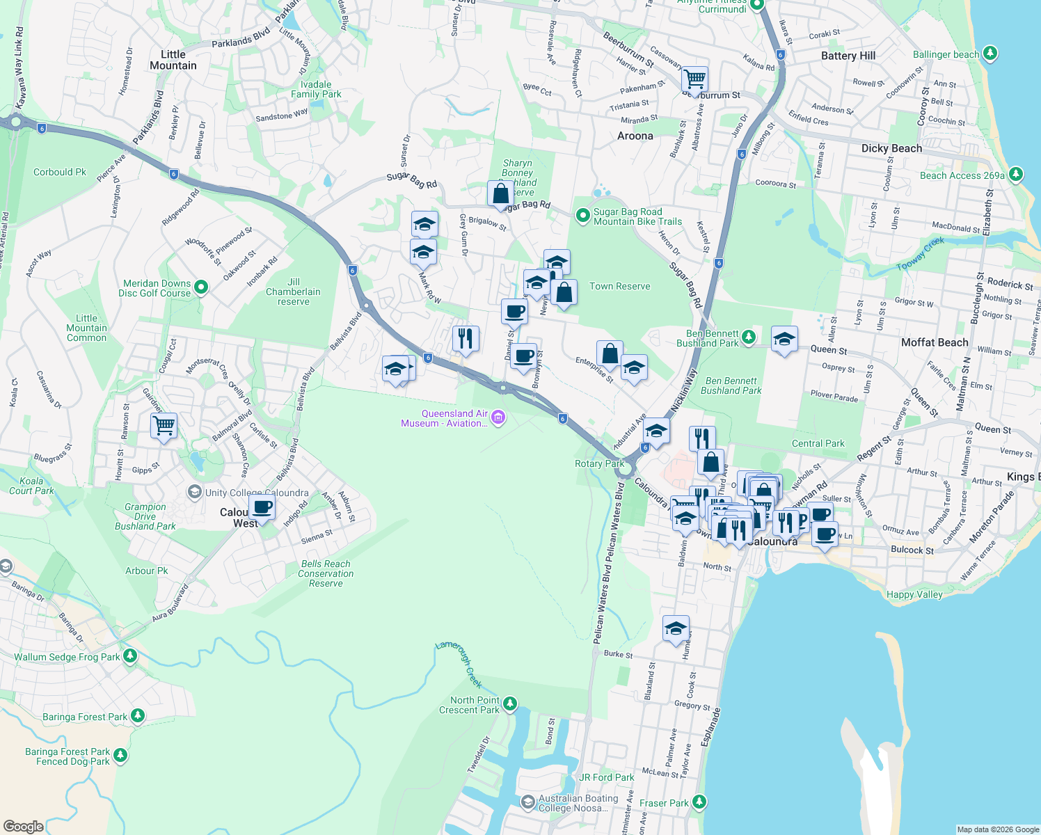 map of restaurants, bars, coffee shops, grocery stores, and more near 1 Pathfinder Drive in Caloundra West