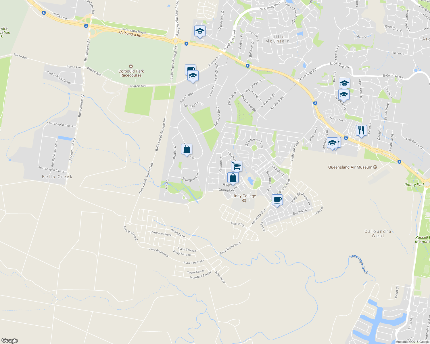map of restaurants, bars, coffee shops, grocery stores, and more near 36 Howitt Street in Caloundra West