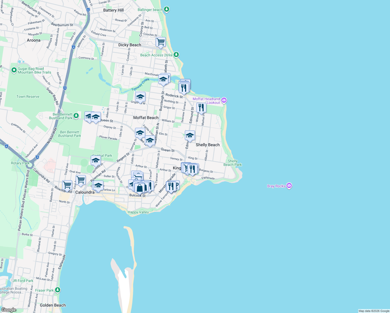 map of restaurants, bars, coffee shops, grocery stores, and more near 47 King Street in Shelly Beach