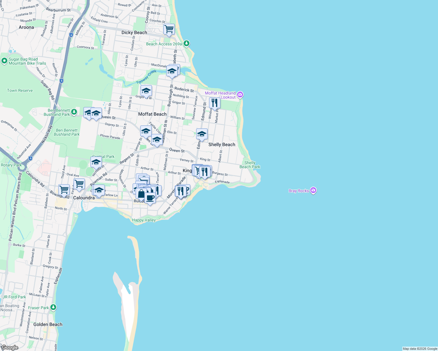 map of restaurants, bars, coffee shops, grocery stores, and more near 43 Albert Street in Kings Beach