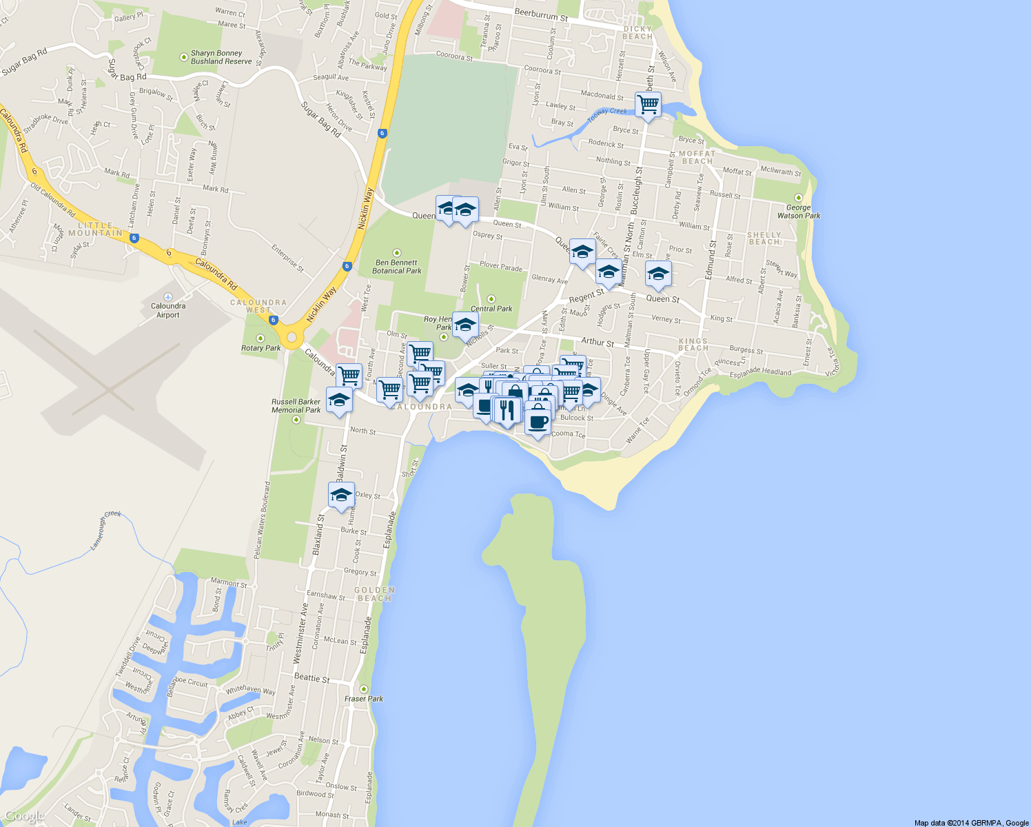 map of restaurants, bars, coffee shops, grocery stores, and more near 82 Bulcock Street in Caloundra