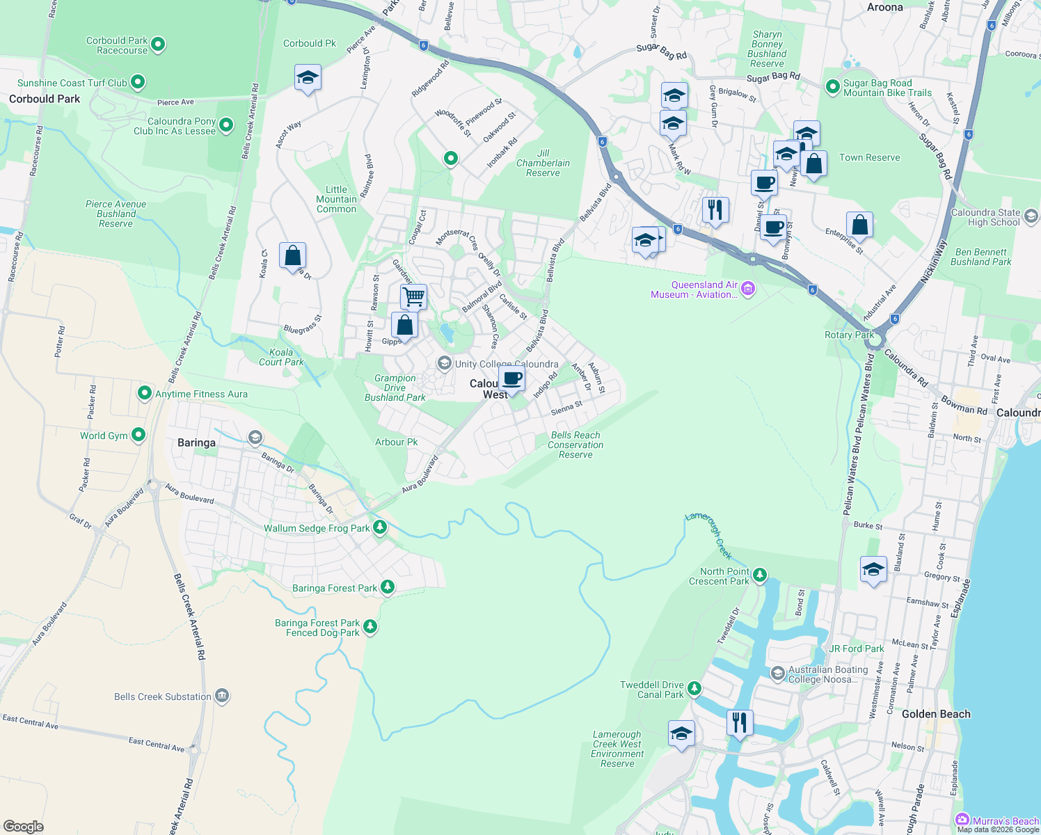 map of restaurants, bars, coffee shops, grocery stores, and more near 14 Sky Street in Caloundra West