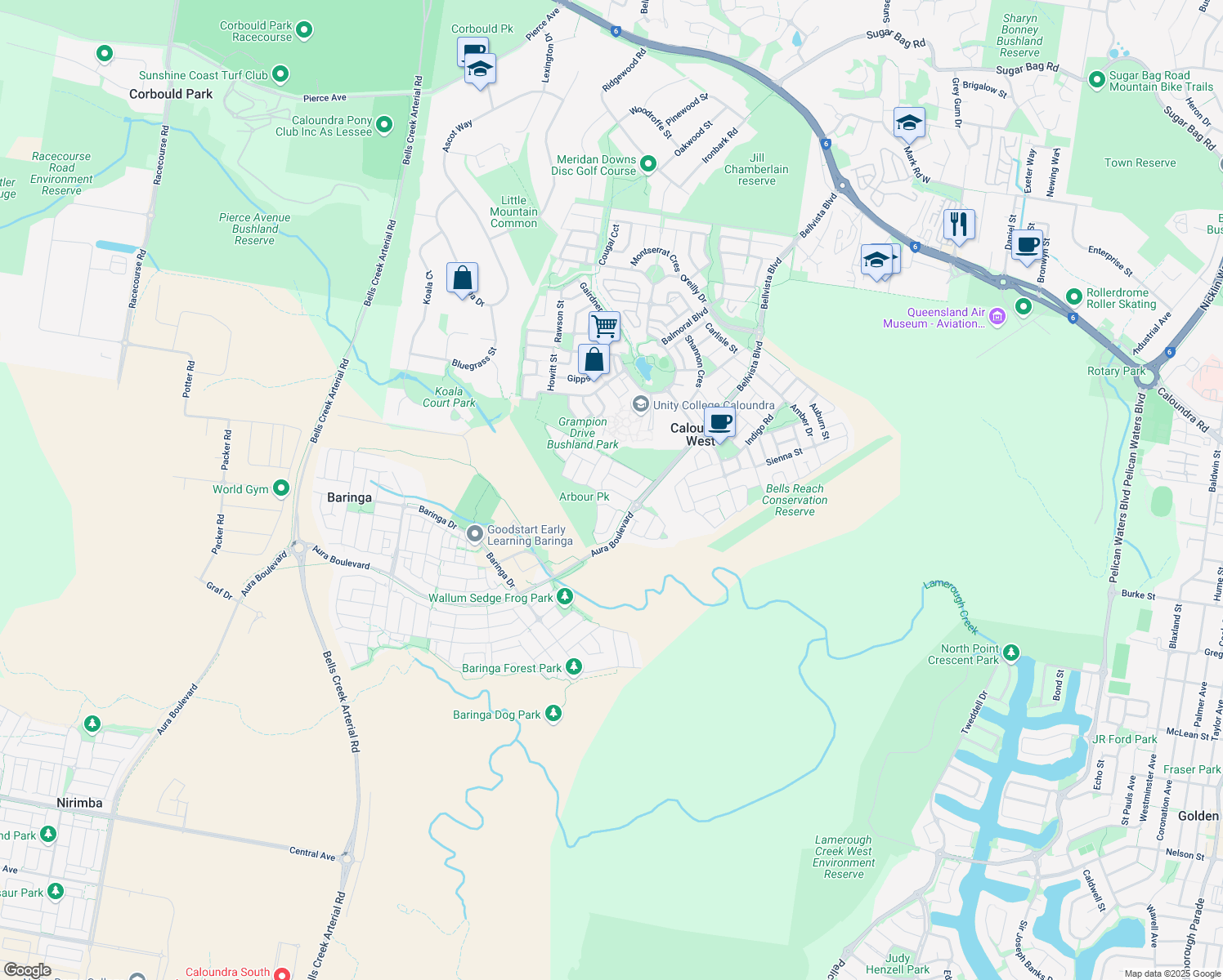 map of restaurants, bars, coffee shops, grocery stores, and more near Emerald Drive in Caloundra West