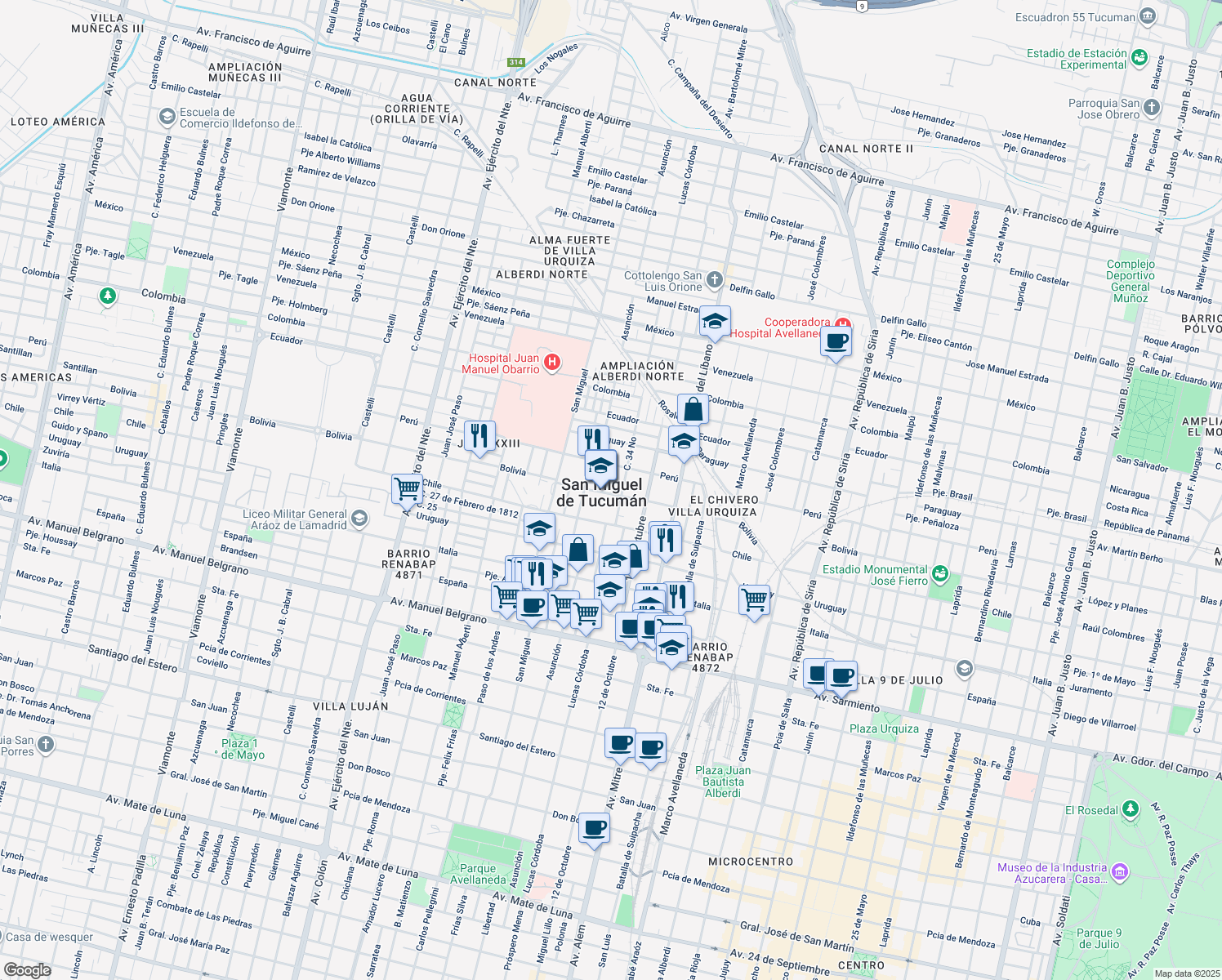 map of restaurants, bars, coffee shops, grocery stores, and more near 1631 Bolivia in San Miguel de Tucumán