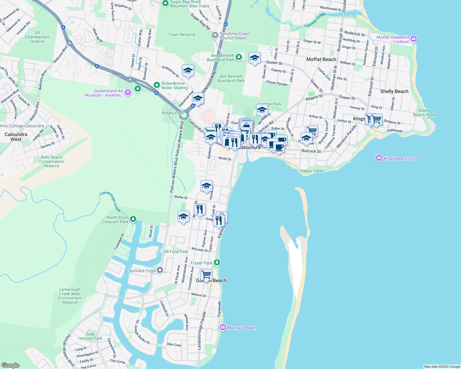 map of restaurants, bars, coffee shops, grocery stores, and more near 60 Landsborough Parade in Golden Beach