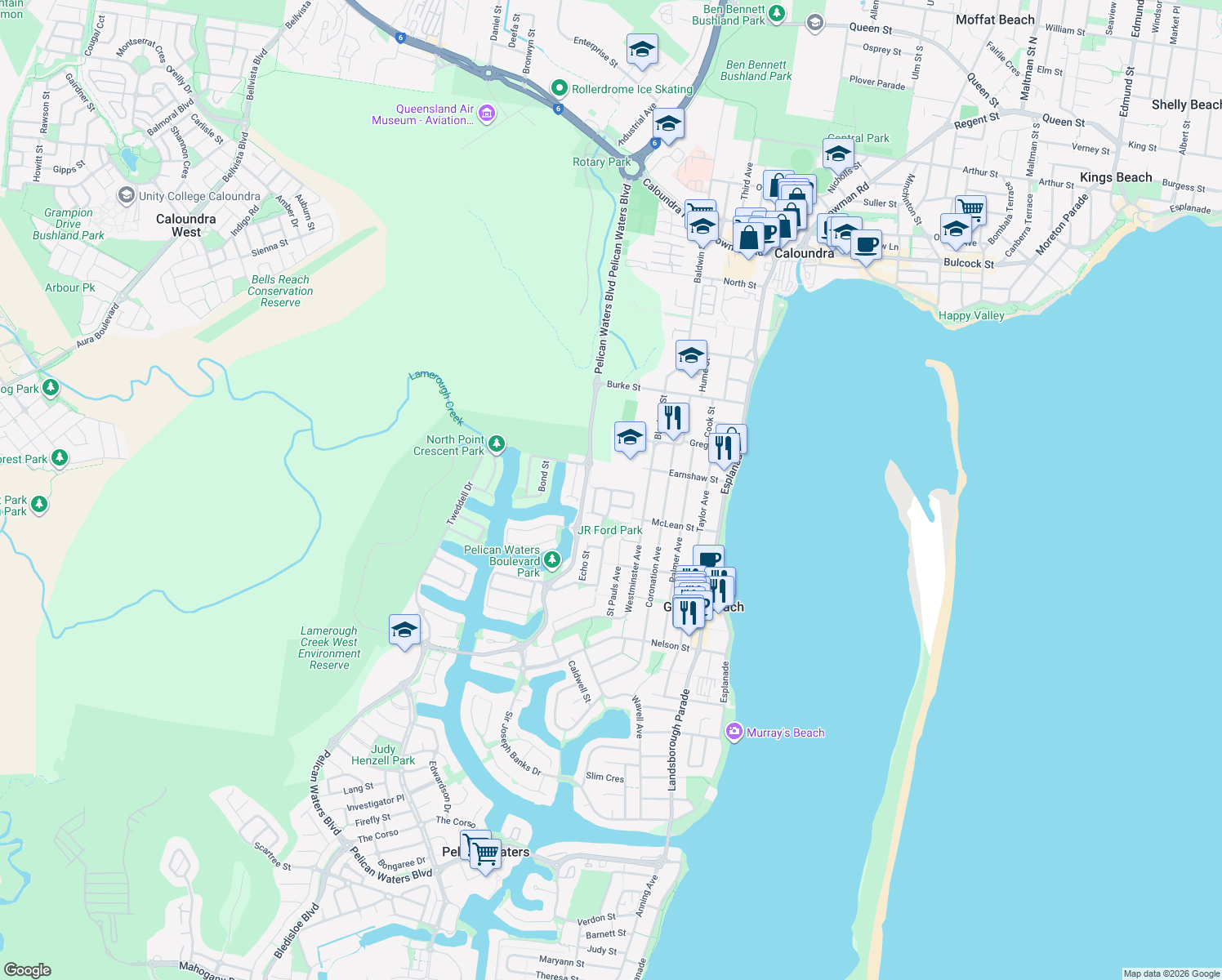 map of restaurants, bars, coffee shops, grocery stores, and more near 30 Wategos Circuit in Golden Beach