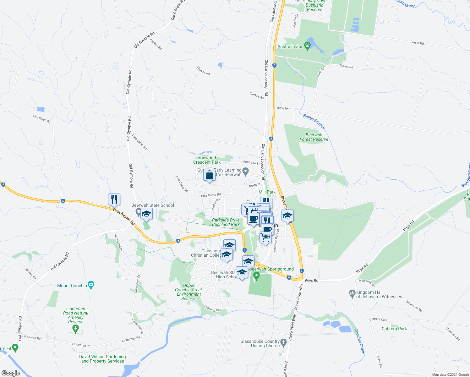 map of restaurants, bars, coffee shops, grocery stores, and more near 25 Mellumview Drive in Beerwah