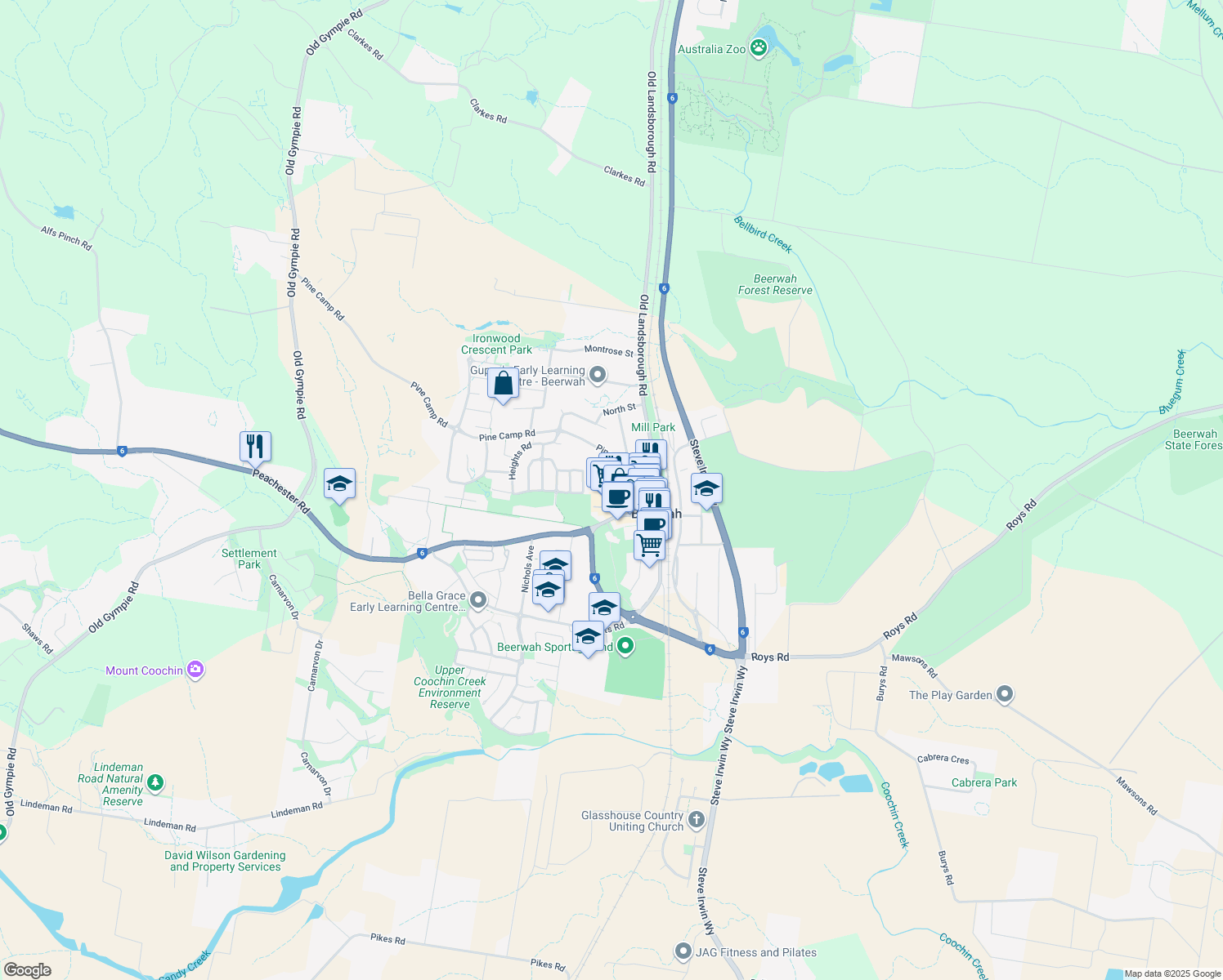 map of restaurants, bars, coffee shops, grocery stores, and more near 25 Pine Camp Road in Beerwah