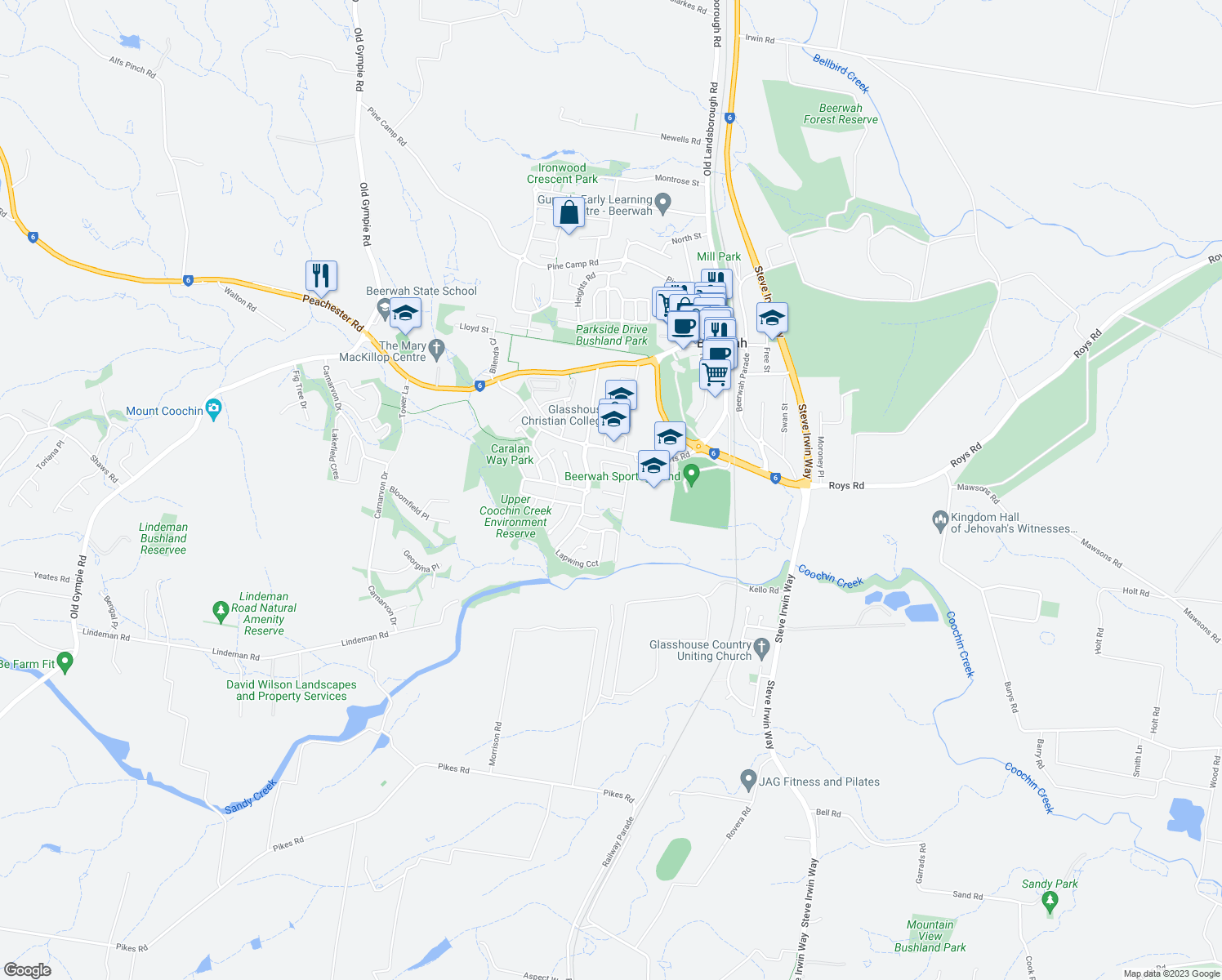 map of restaurants, bars, coffee shops, grocery stores, and more near 10 Fairy Wren Court in Beerwah