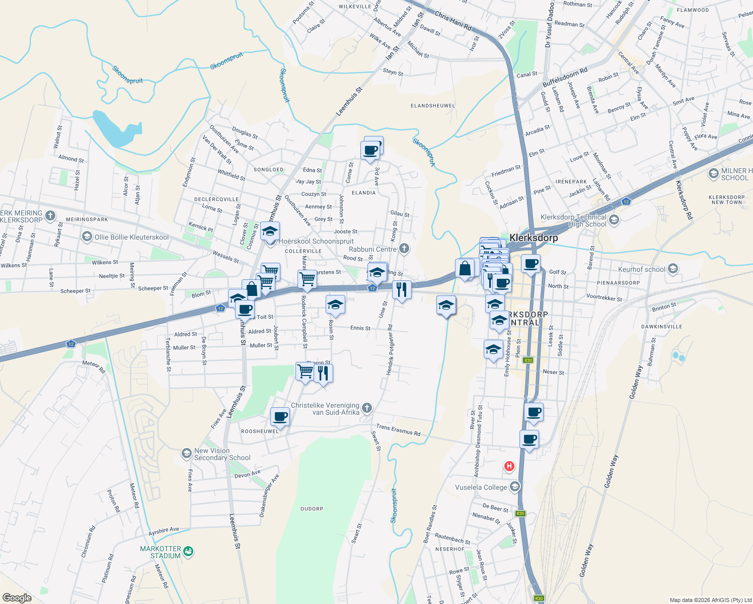 map of restaurants, bars, coffee shops, grocery stores, and more near Joe Slovo Road in Klerksdorp