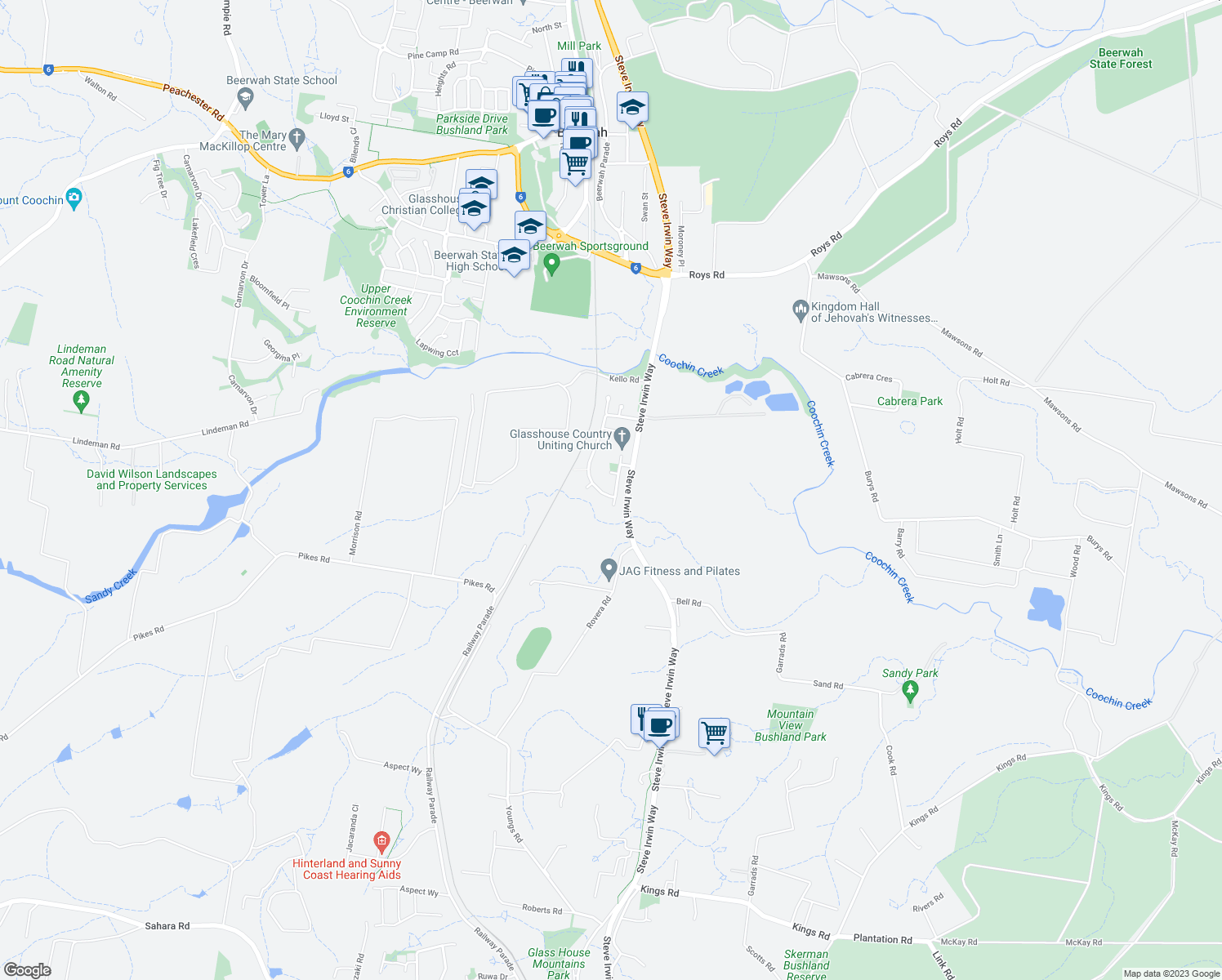 map of restaurants, bars, coffee shops, grocery stores, and more near 4 Coochin Hills Drive in Beerwah