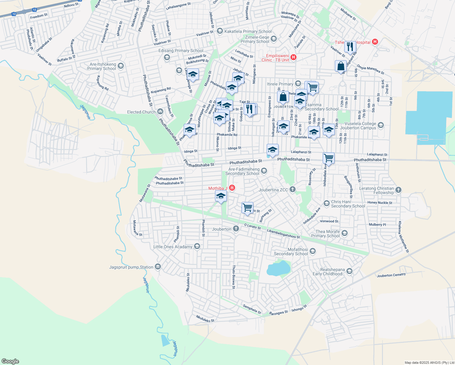 map of restaurants, bars, coffee shops, grocery stores, and more near 15642 Benjamin Oliphant Street in Klerksdorp