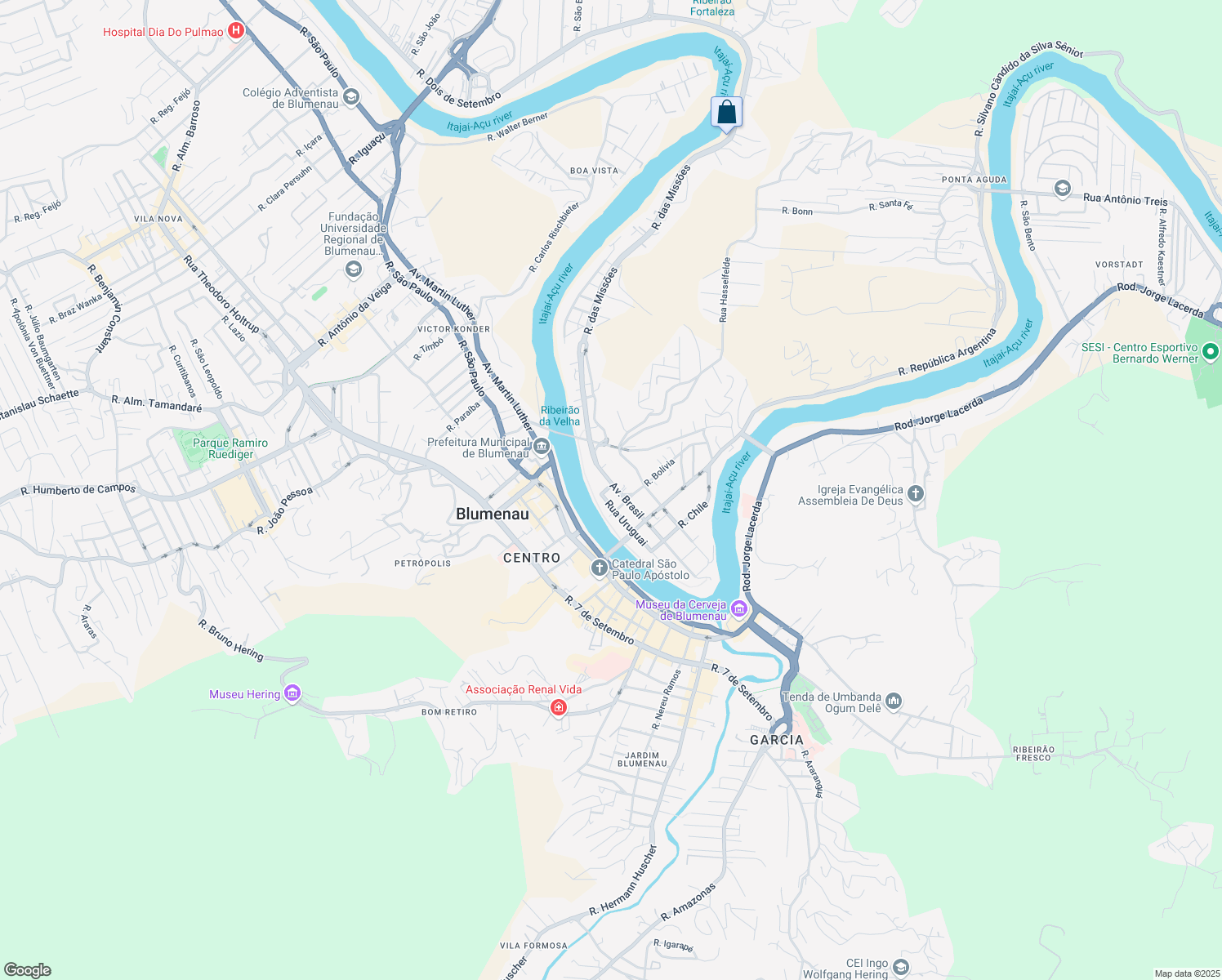 map of restaurants, bars, coffee shops, grocery stores, and more near 19 Rua Peru in Blumenau