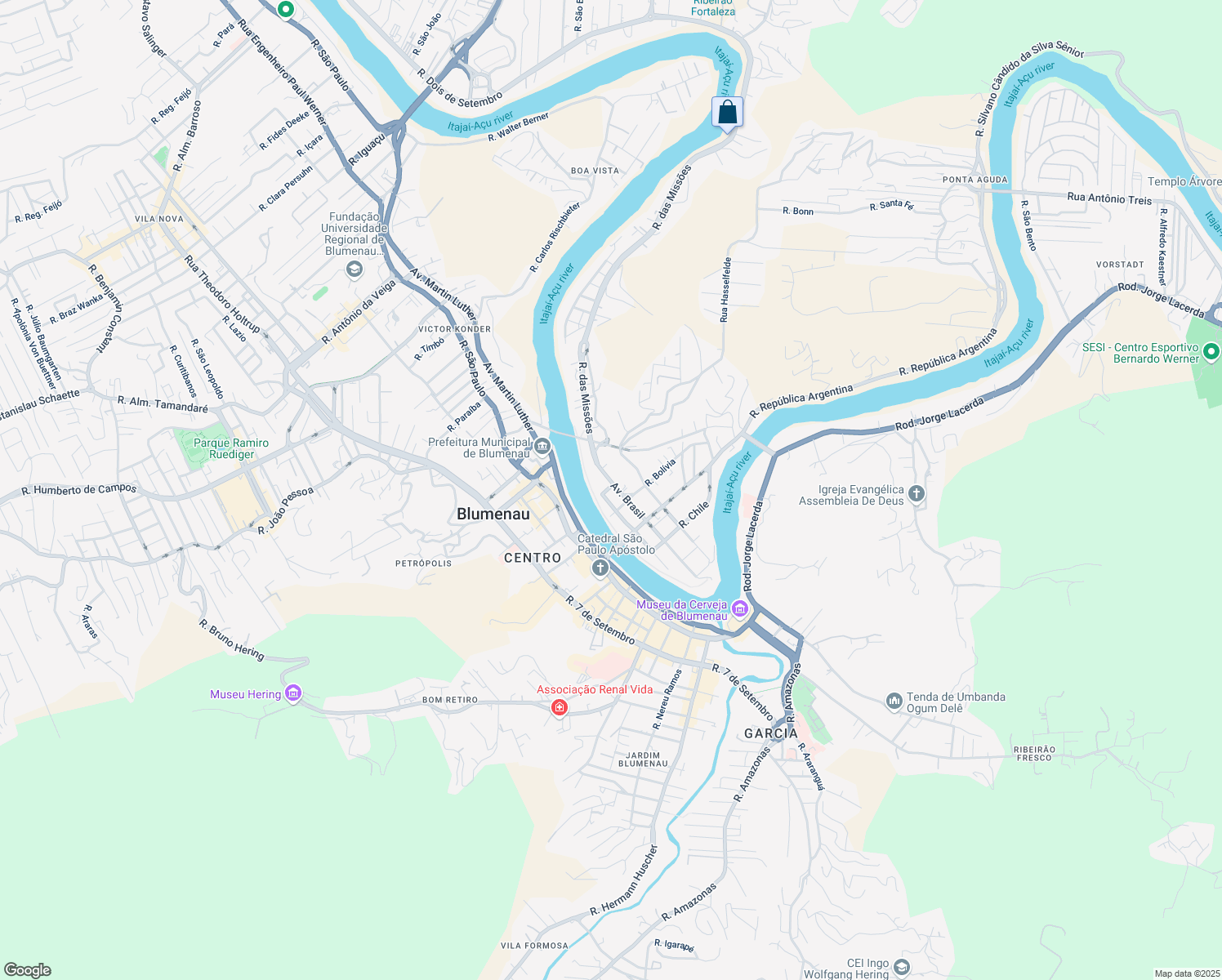 map of restaurants, bars, coffee shops, grocery stores, and more near 19 Rua Peru in Blumenau