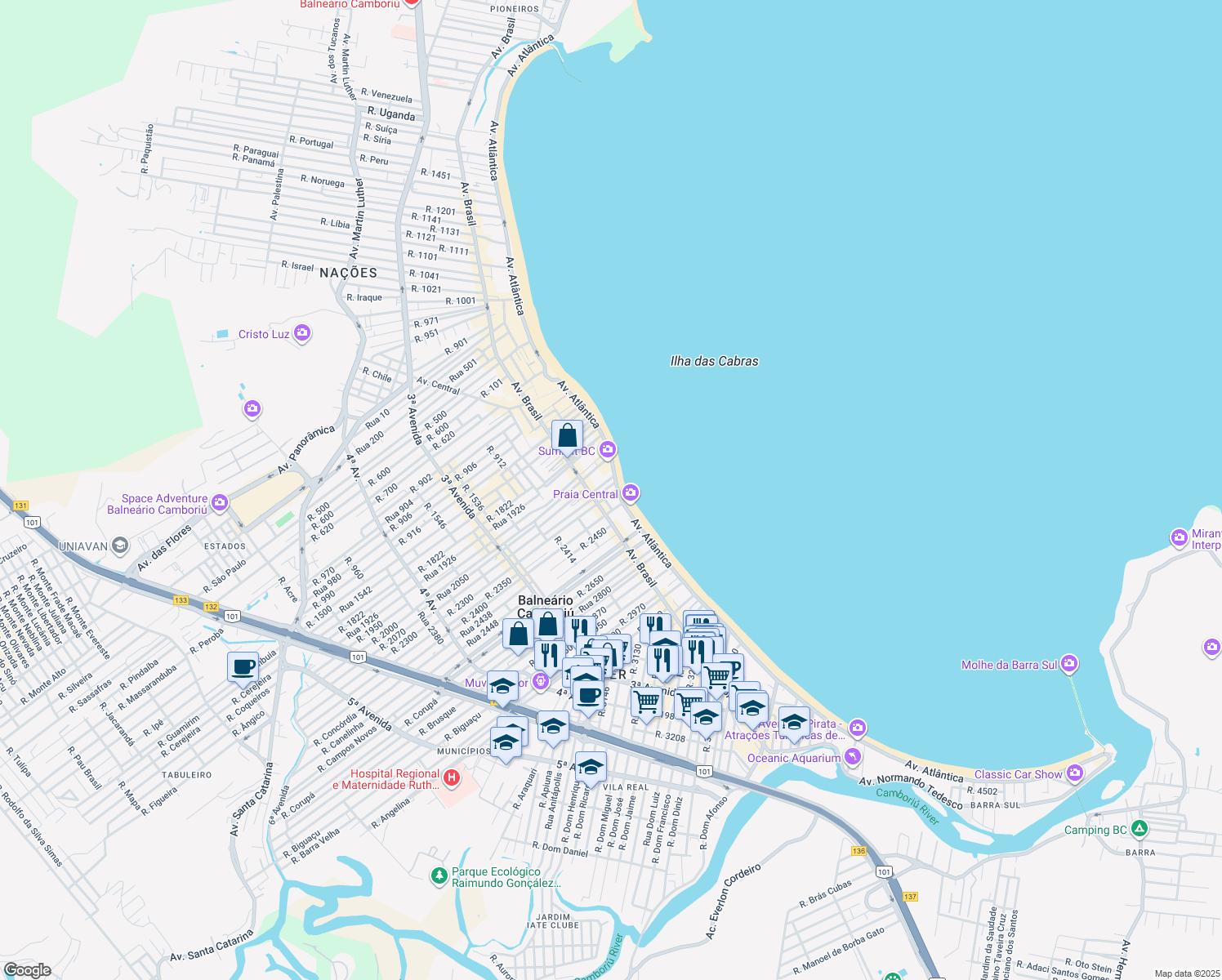 map of restaurants, bars, coffee shops, grocery stores, and more near 2670 Avenida Atlântica in Balneário Camboriú