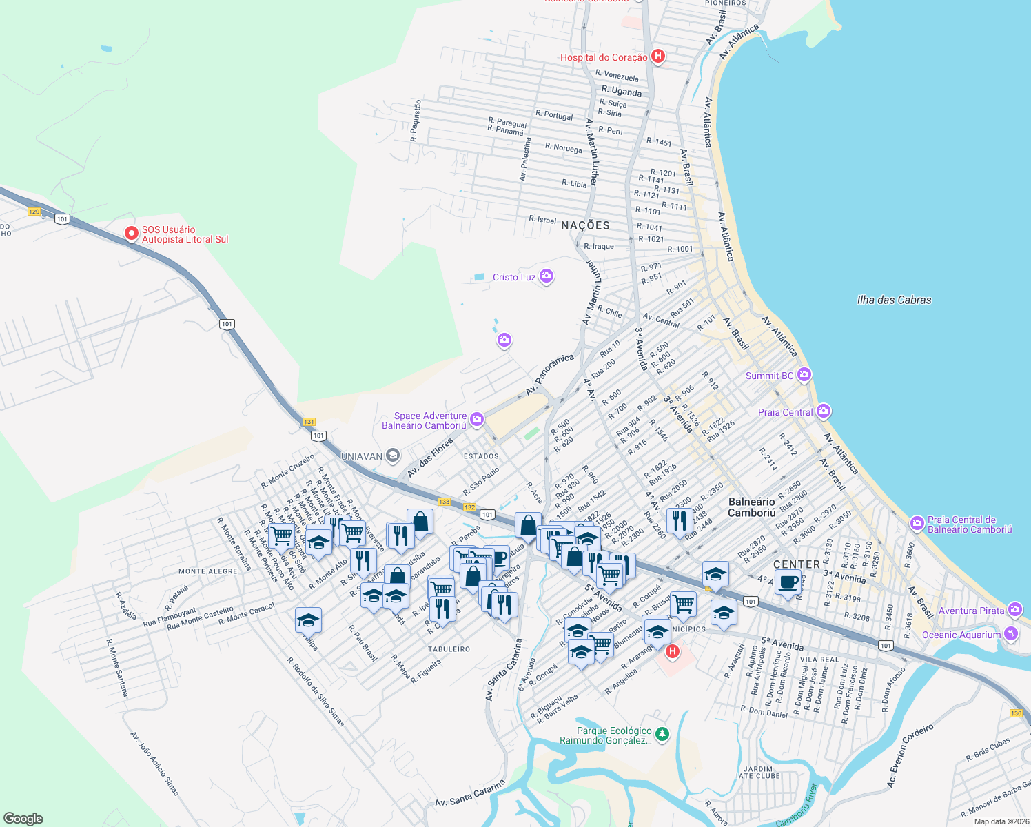 map of restaurants, bars, coffee shops, grocery stores, and more near 1 Avenida Santa Catarina in Balneário Camboriú