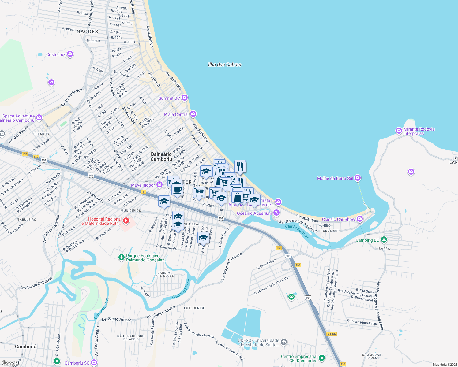 map of restaurants, bars, coffee shops, grocery stores, and more near Rua 3500 in Balneário Camboriú