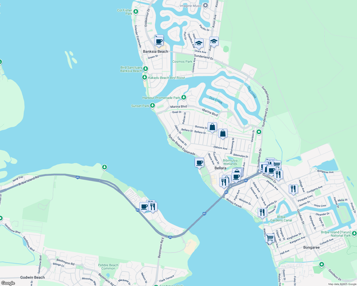 map of restaurants, bars, coffee shops, grocery stores, and more near 129 Sylvan Beach Esplanade in Bellara