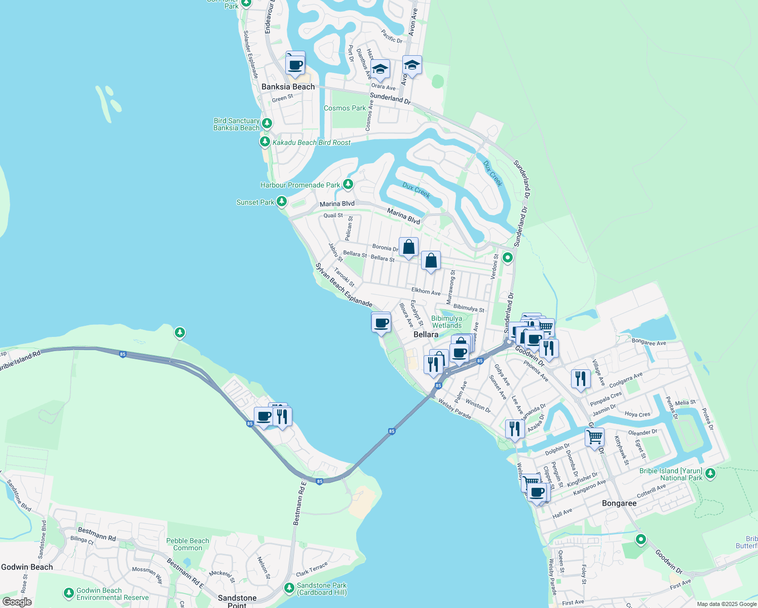 map of restaurants, bars, coffee shops, grocery stores, and more near 87 Sylvan Beach Esplanade in Bellara