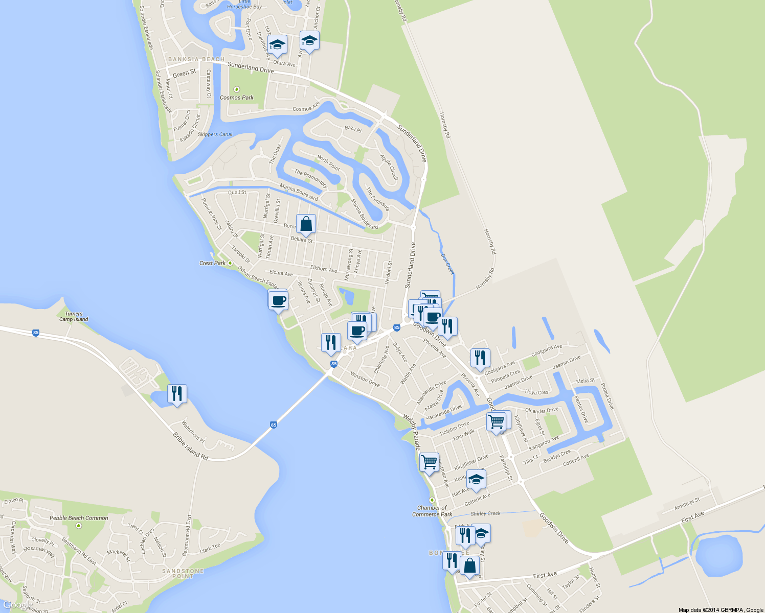 map of restaurants, bars, coffee shops, grocery stores, and more near in Bellara