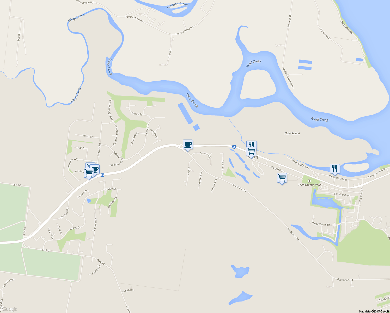 map of restaurants, bars, coffee shops, grocery stores, and more near 742-746 Bestmann Road in Ningi