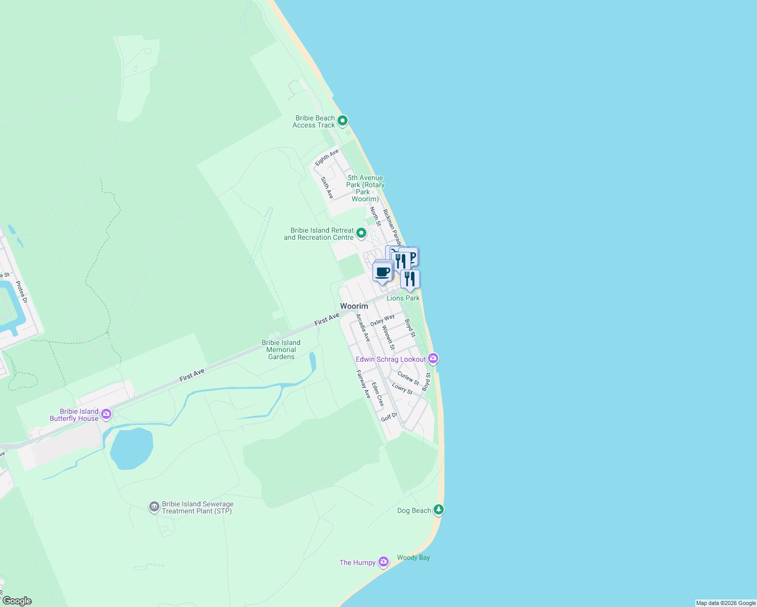 map of restaurants, bars, coffee shops, grocery stores, and more near 1 Winnett Street in Woorim