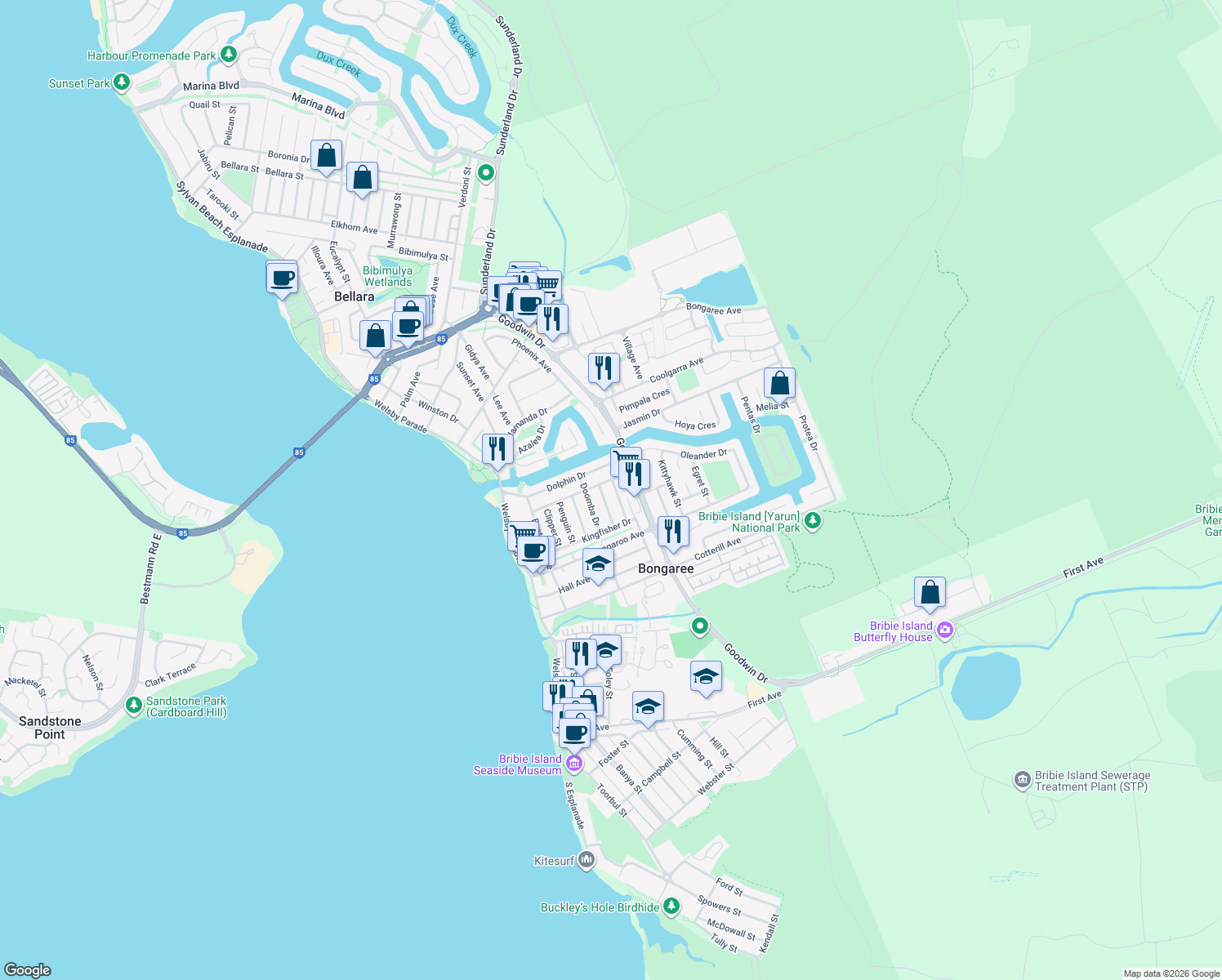 map of restaurants, bars, coffee shops, grocery stores, and more near 20 Cormorant Street in Bongaree