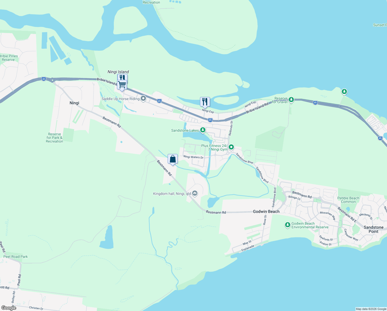 map of restaurants, bars, coffee shops, grocery stores, and more near 48 Ningi Waters Drive in Ningi