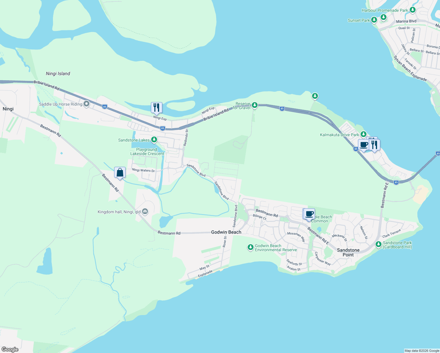 map of restaurants, bars, coffee shops, grocery stores, and more near 26 Broadleaf Place in Ningi