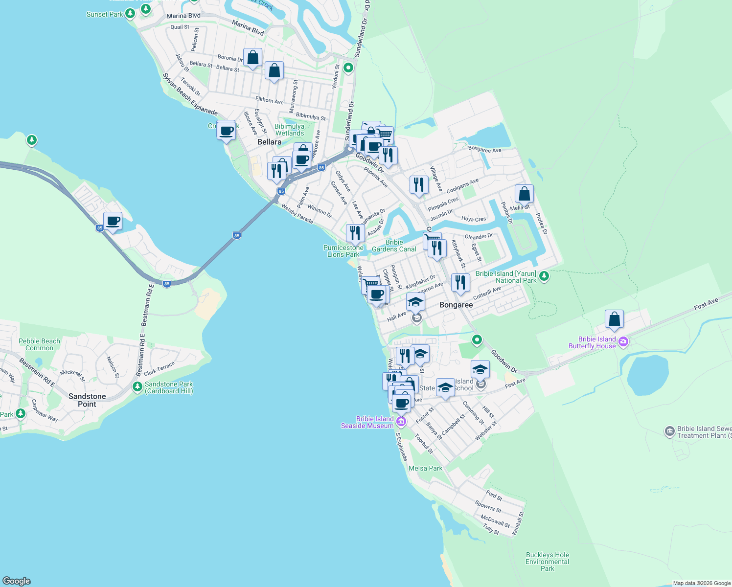 map of restaurants, bars, coffee shops, grocery stores, and more near Welsby Parade in Bongaree