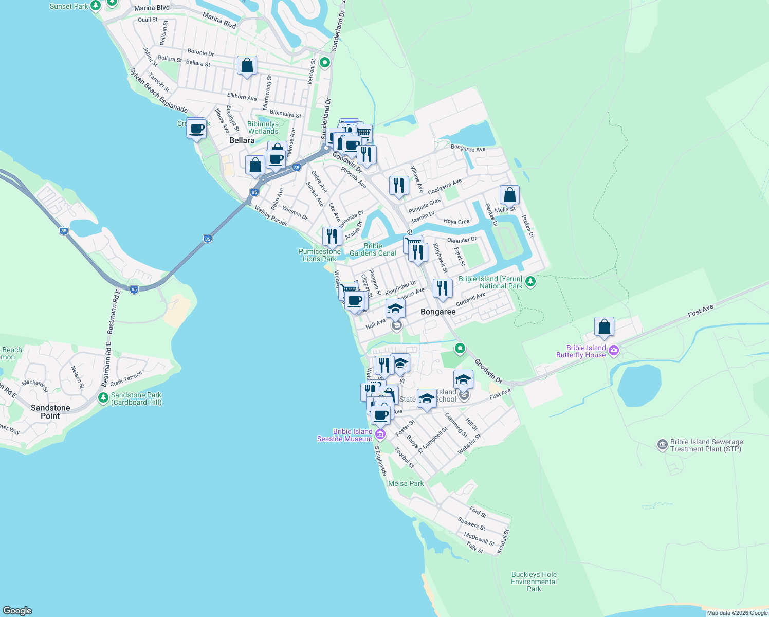 map of restaurants, bars, coffee shops, grocery stores, and more near 24 Kangaroo Avenue in Bongaree