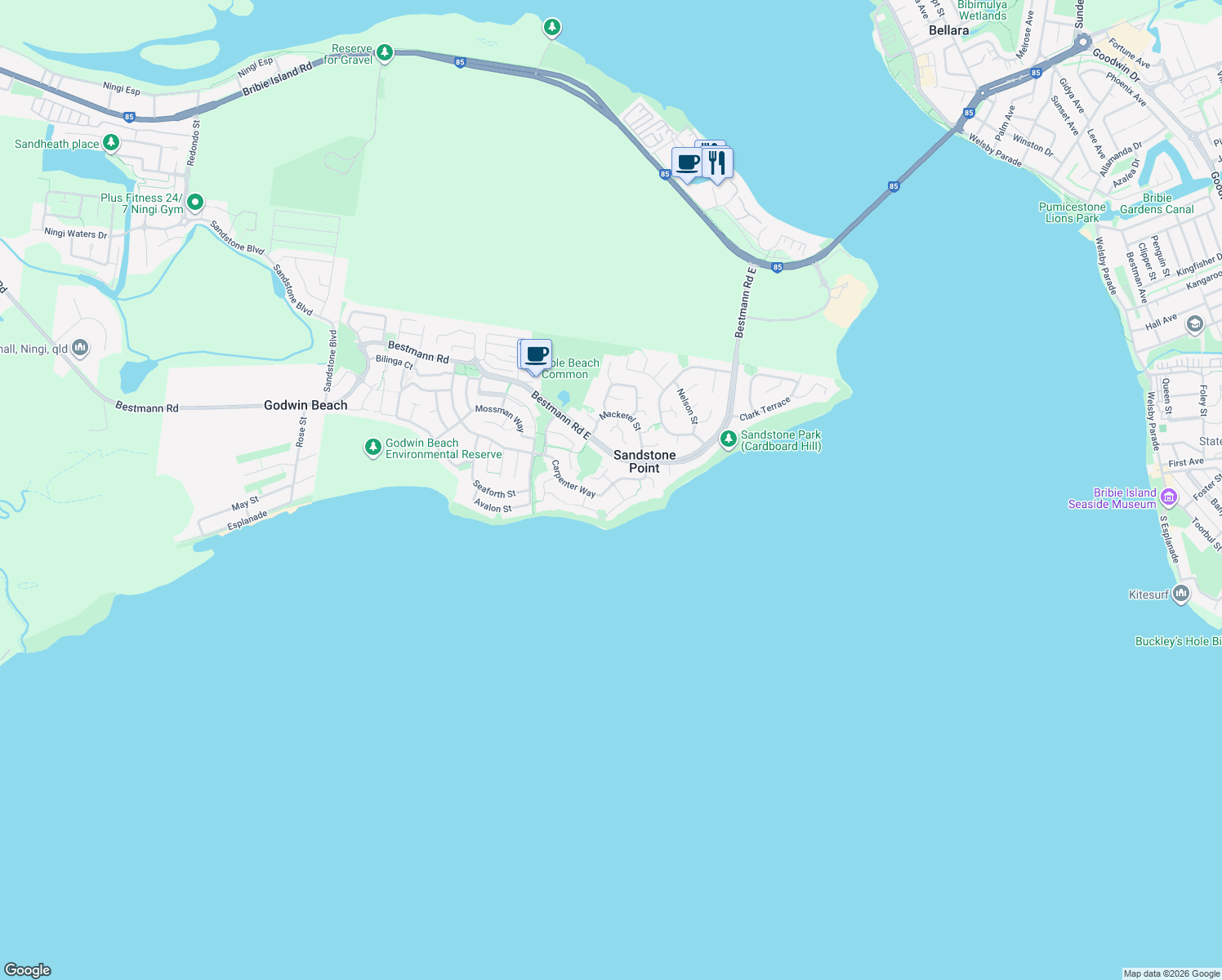 map of restaurants, bars, coffee shops, grocery stores, and more near 27 Carpenter Way in Sandstone Point