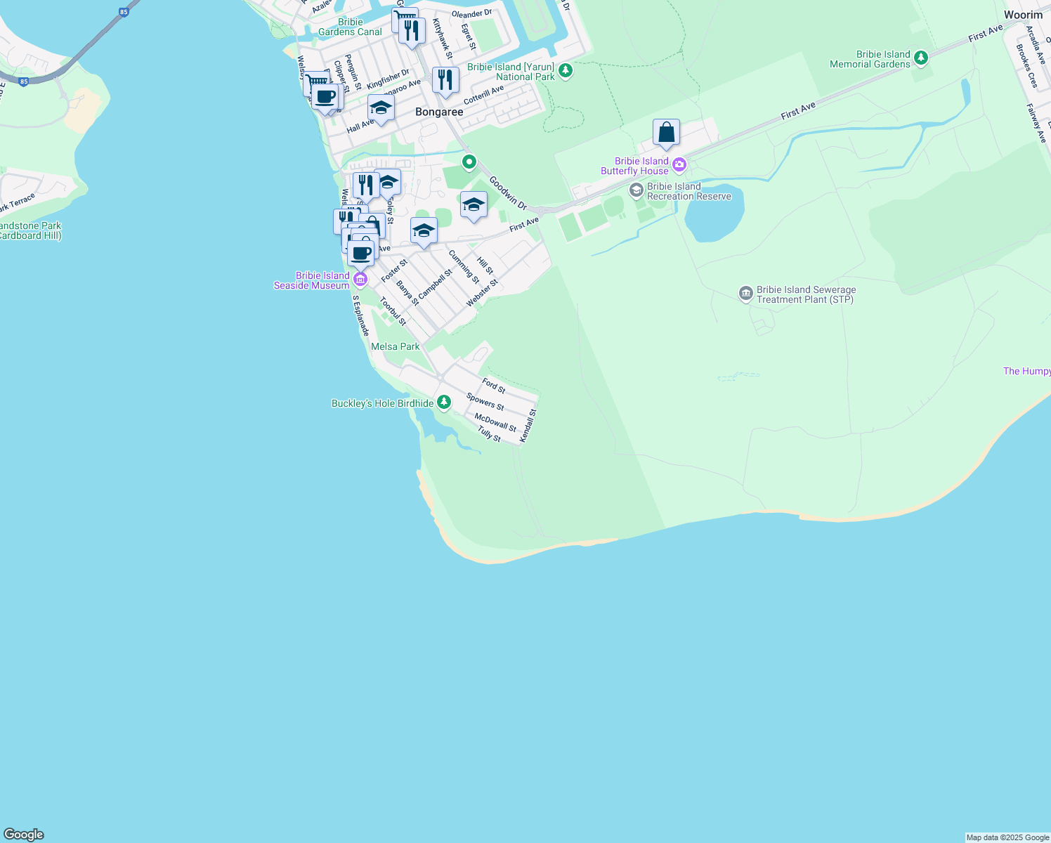 map of restaurants, bars, coffee shops, grocery stores, and more near 16 Kendall Street in Bongaree