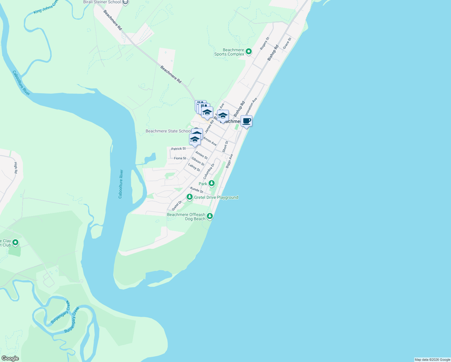 map of restaurants, bars, coffee shops, grocery stores, and more near 81 Biggs Avenue in Beachmere