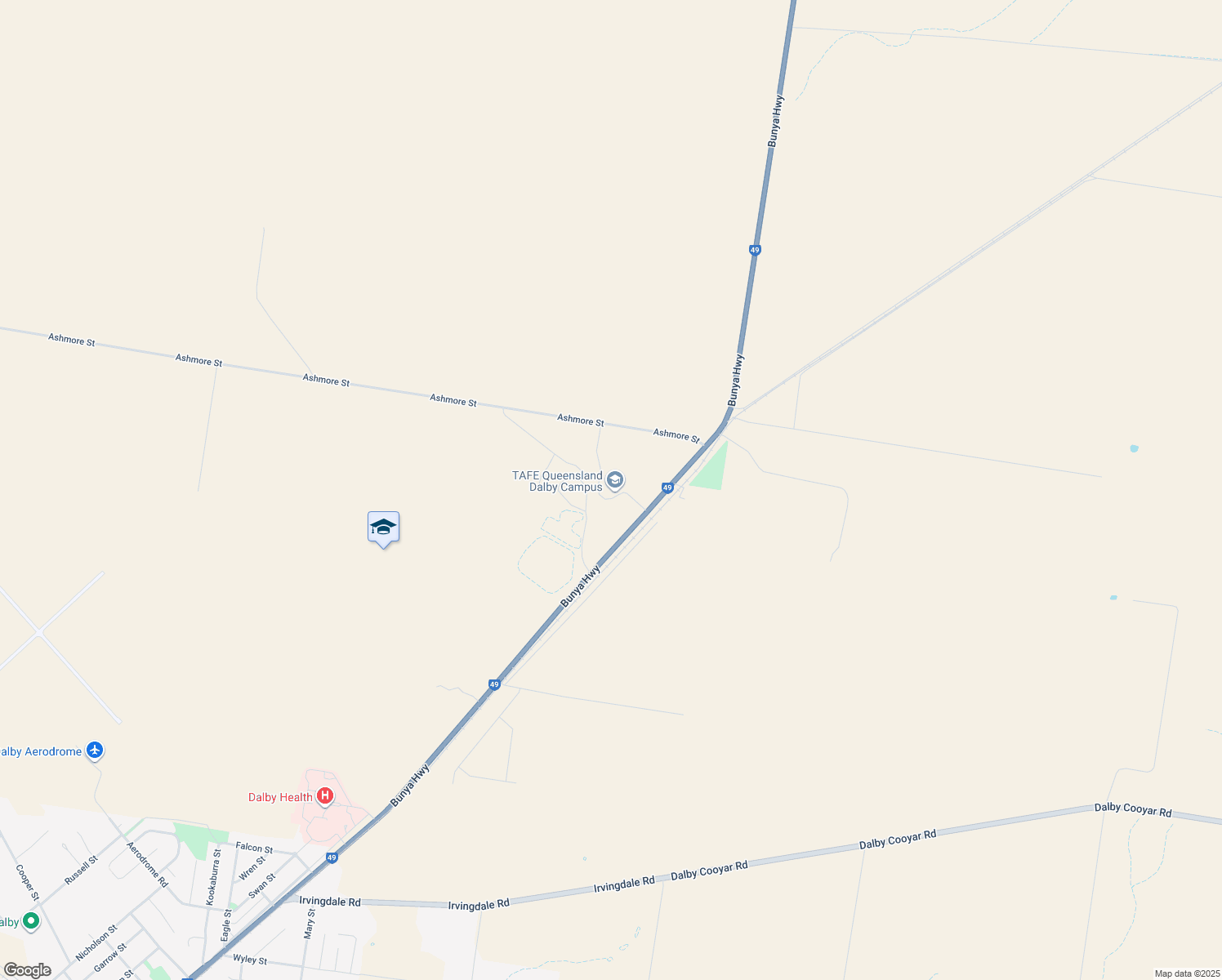 map of restaurants, bars, coffee shops, grocery stores, and more near 463 Bunya Highway in Dalby