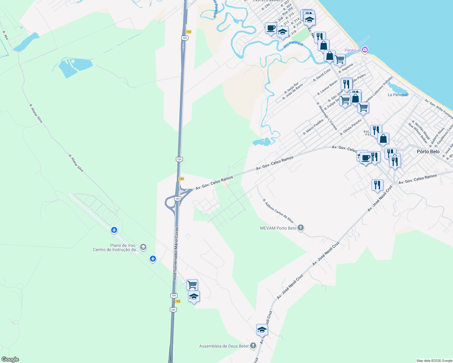 map of restaurants, bars, coffee shops, grocery stores, and more near Avenida Governador Celso Ramos in Porto Belo