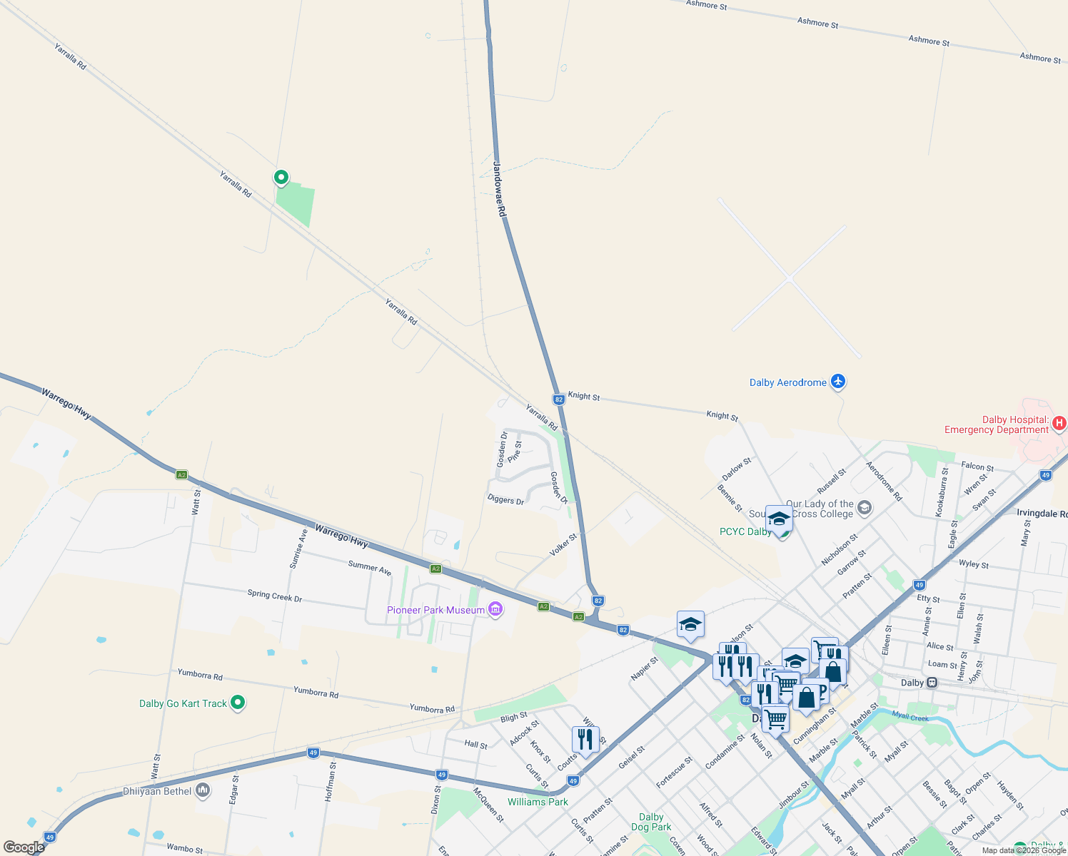 map of restaurants, bars, coffee shops, grocery stores, and more near 42 Gosden Drive in Dalby