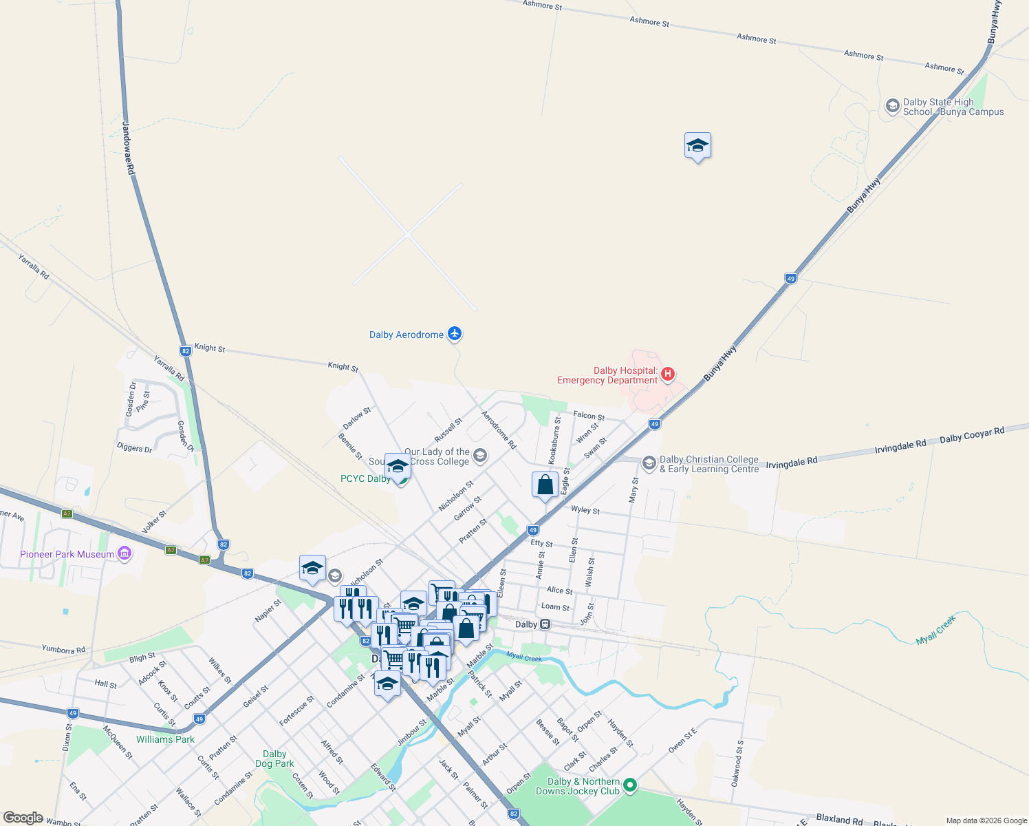 map of restaurants, bars, coffee shops, grocery stores, and more near 11 Bell Court in Dalby