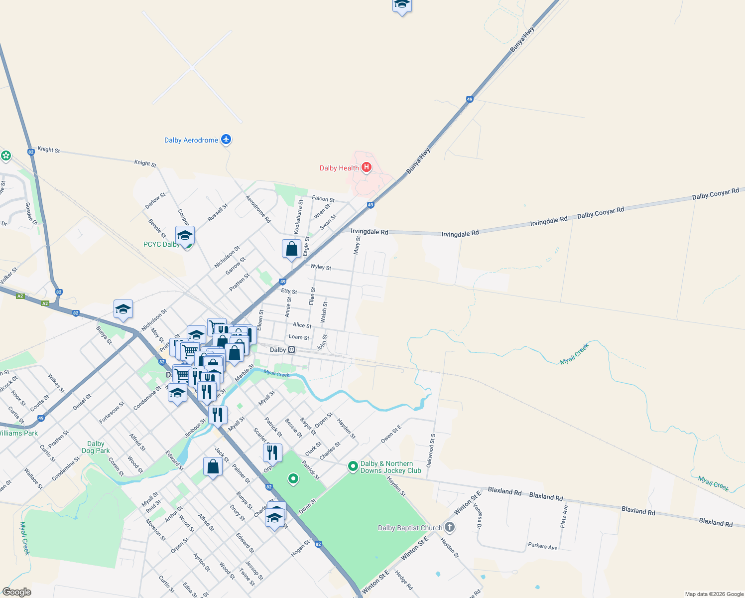 map of restaurants, bars, coffee shops, grocery stores, and more near 22 Barry Place in Dalby