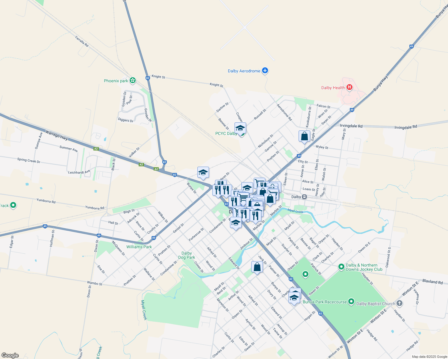 map of restaurants, bars, coffee shops, grocery stores, and more near 2 Archibald Street in Dalby