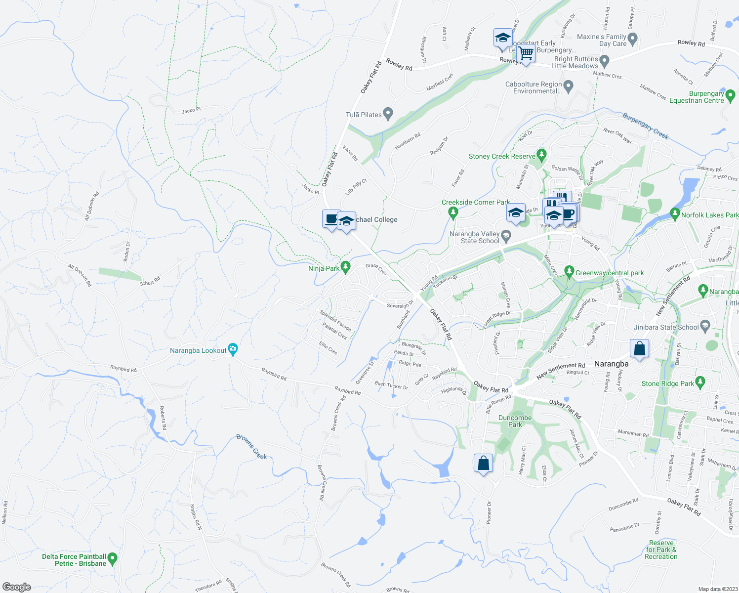 map of restaurants, bars, coffee shops, grocery stores, and more near Sovereign Drive in Narangba