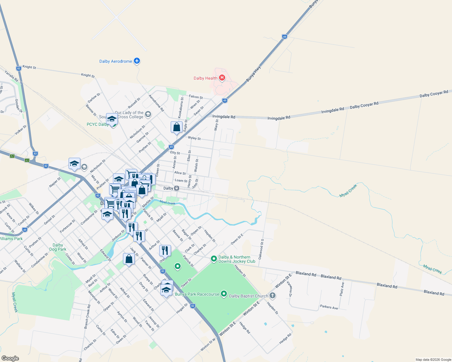 map of restaurants, bars, coffee shops, grocery stores, and more near 56 Alice Street in Dalby