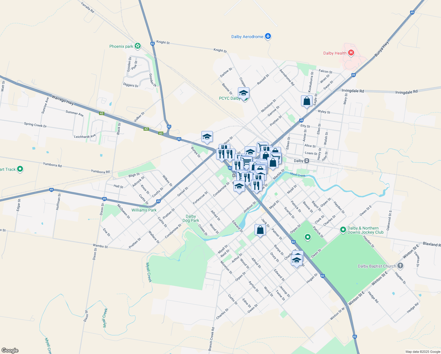 map of restaurants, bars, coffee shops, grocery stores, and more near 41 Bunya Street in Dalby