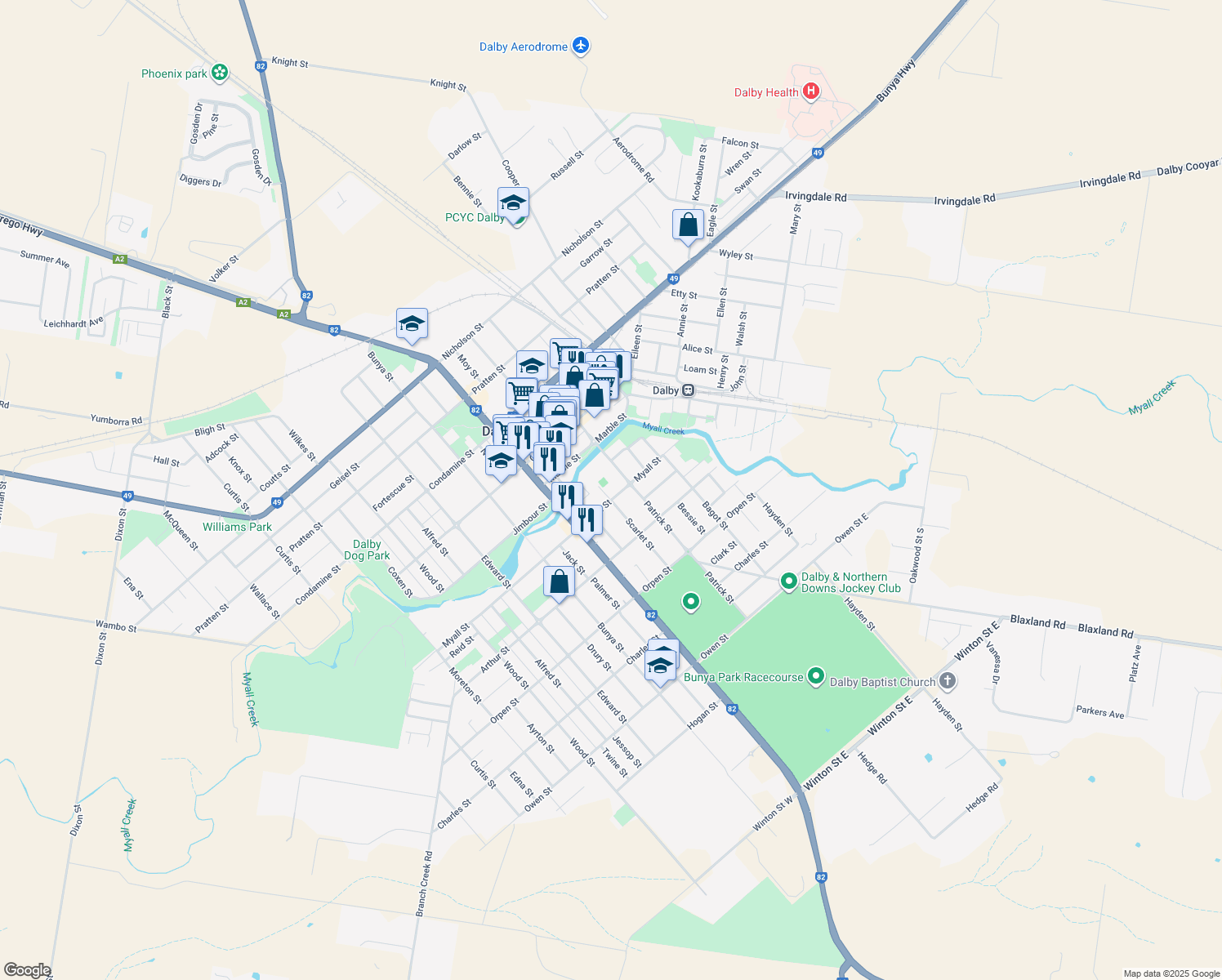 map of restaurants, bars, coffee shops, grocery stores, and more near 3 Scarlet Street in Dalby