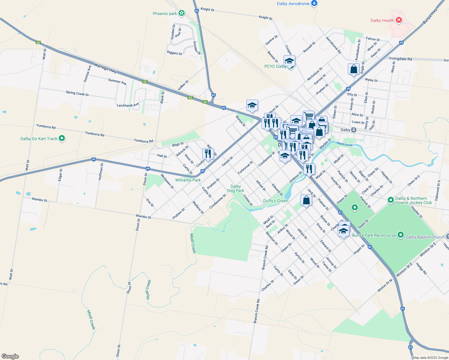 map of restaurants, bars, coffee shops, grocery stores, and more near 123 Pratten Street in Dalby