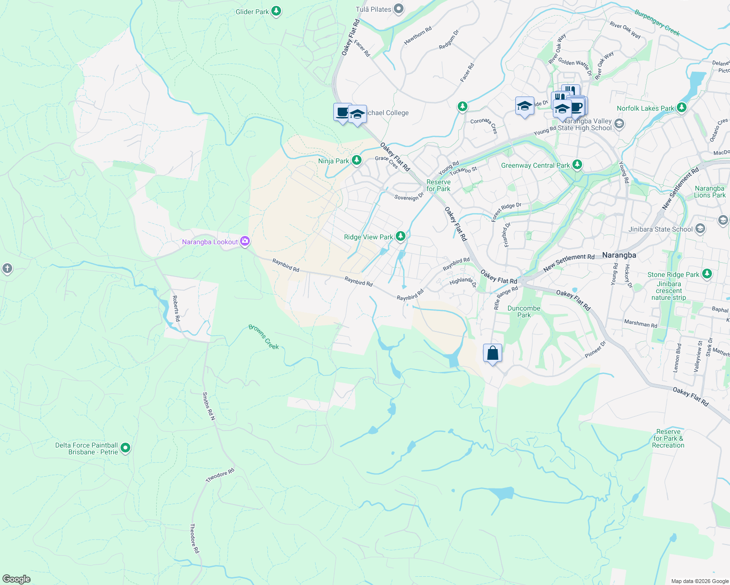 map of restaurants, bars, coffee shops, grocery stores, and more near 9 Browns Creek Road in Narangba