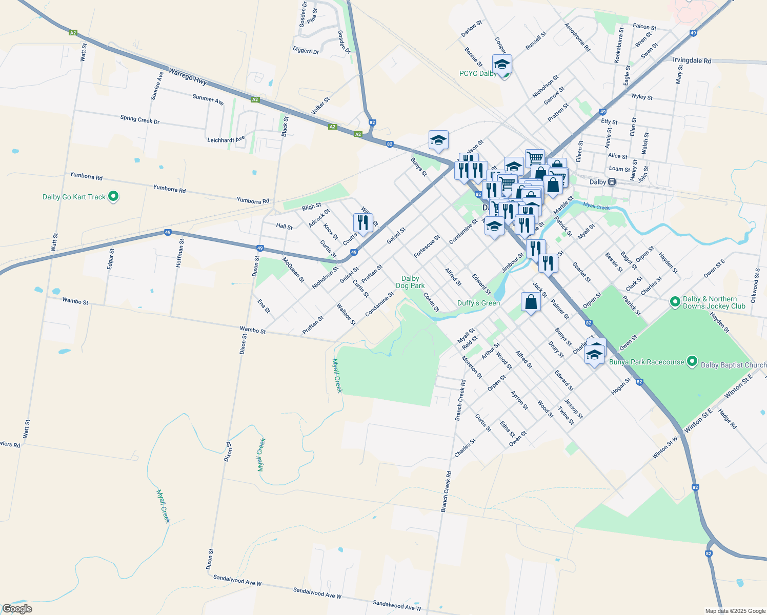map of restaurants, bars, coffee shops, grocery stores, and more near 103 Condamine Street in Dalby