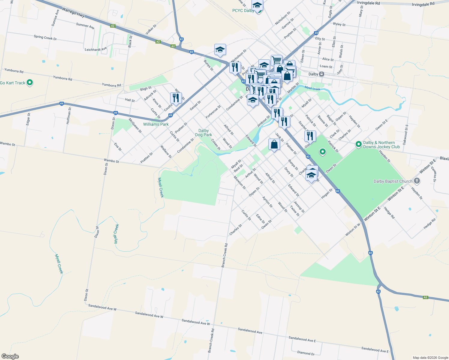 map of restaurants, bars, coffee shops, grocery stores, and more near 5 Saint Andrews Chase in Dalby