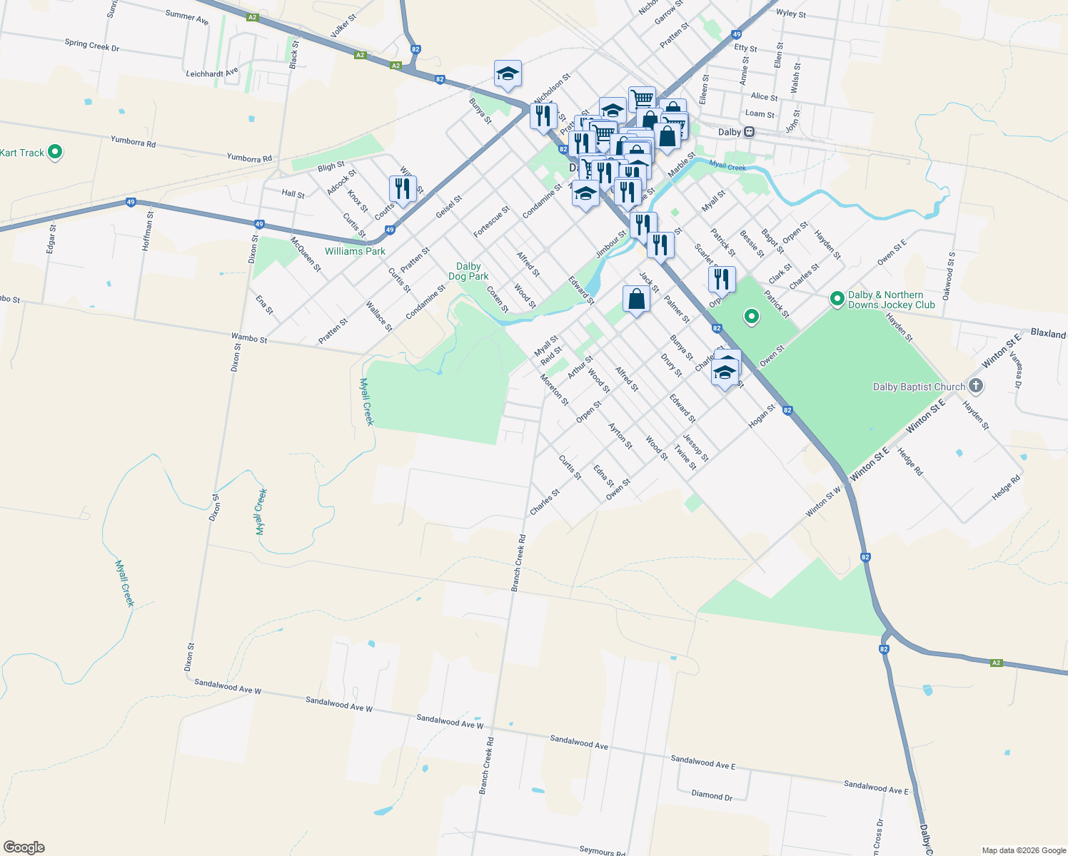 map of restaurants, bars, coffee shops, grocery stores, and more near 8 Branch Creek Road in Dalby