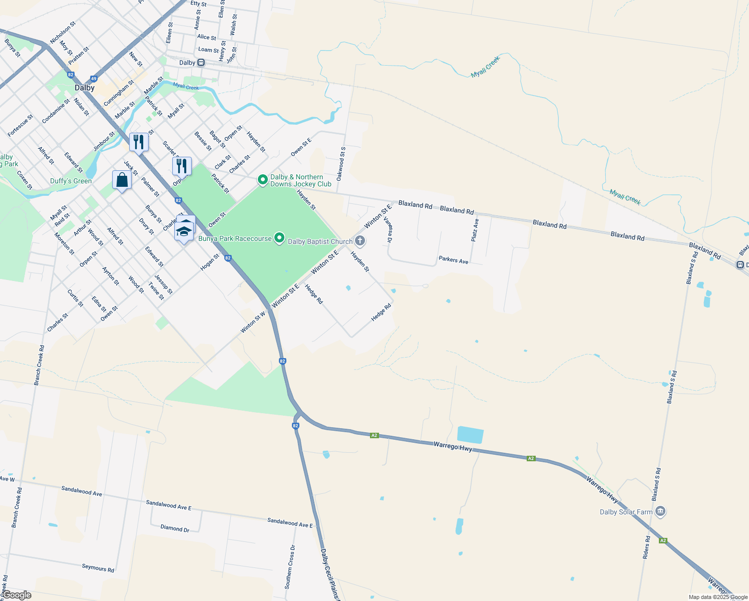 map of restaurants, bars, coffee shops, grocery stores, and more near 180 Hayden Street in Dalby